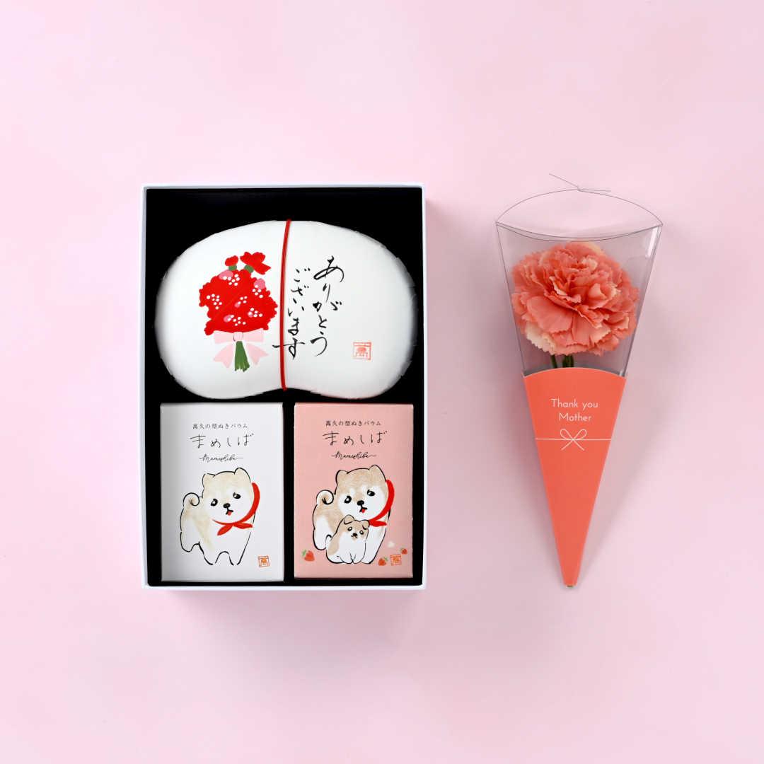 ●フラワー付き・萬久の母の日の贈り物【１】(▼まめや金澤萬久手提げ袋（Ｍ）付き)