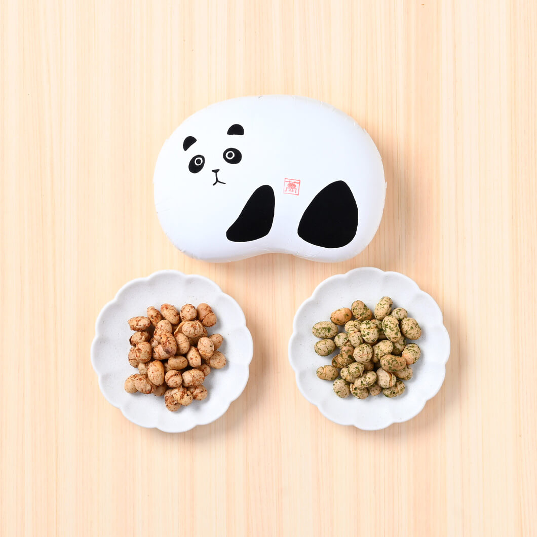 有機大豆の炒り豆・山椒七味＆磯海苔（豆箱入り）　絵柄：パンダ(／袋無し)