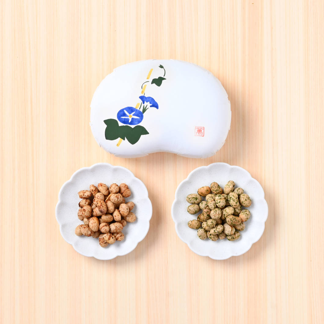 有機大豆の炒り豆・山椒七味＆磯海苔（豆箱入り）　絵柄：朝顔
