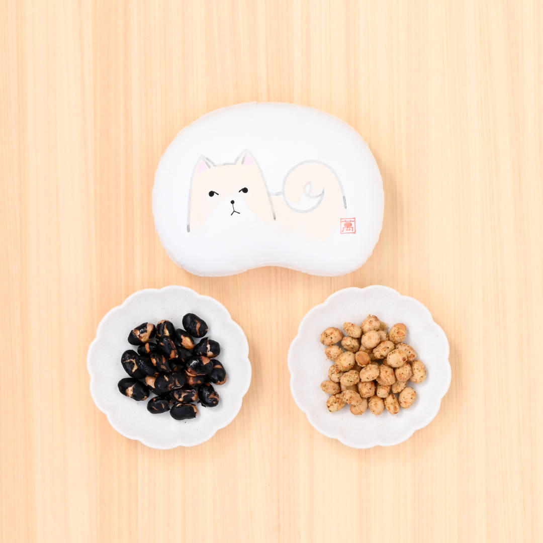 萬久の炒り豆　黒豆大野醤油＆マルゲリータ（豆箱入り）　絵柄：犬(／袋無し)