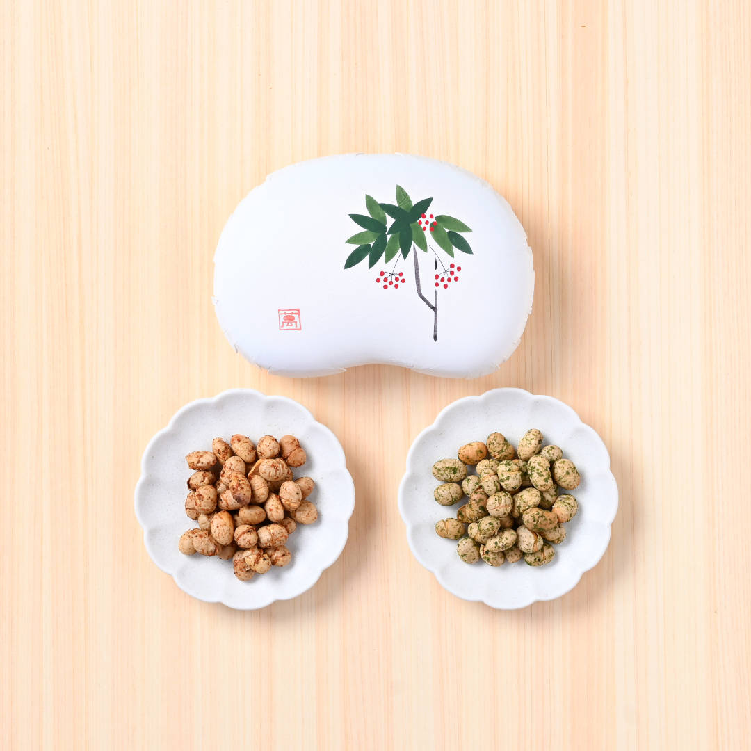 有機大豆の炒り豆・山椒七味＆磯海苔（豆箱入り）　絵柄：万両(／袋無し)