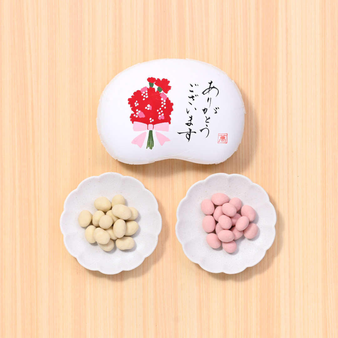 かりっとちょこ豆・ホワイト＆いちご（豆箱入り）　絵柄：ありがとうございますカーネーション(／袋無し)