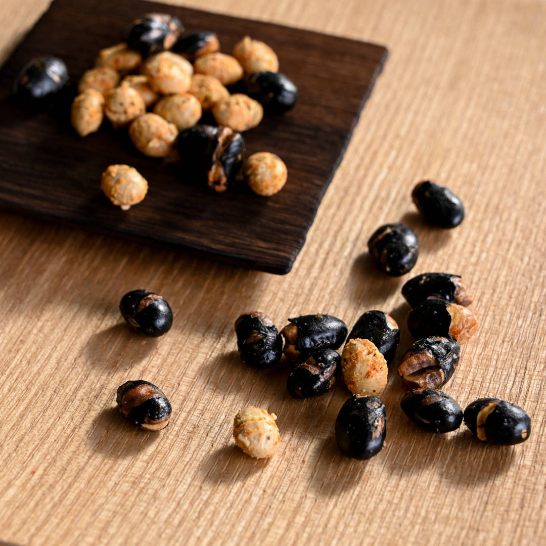 萬久の炒り豆 黒豆大野醤油＆マルゲリータ（豆箱入り） 絵柄：ほろ酔い